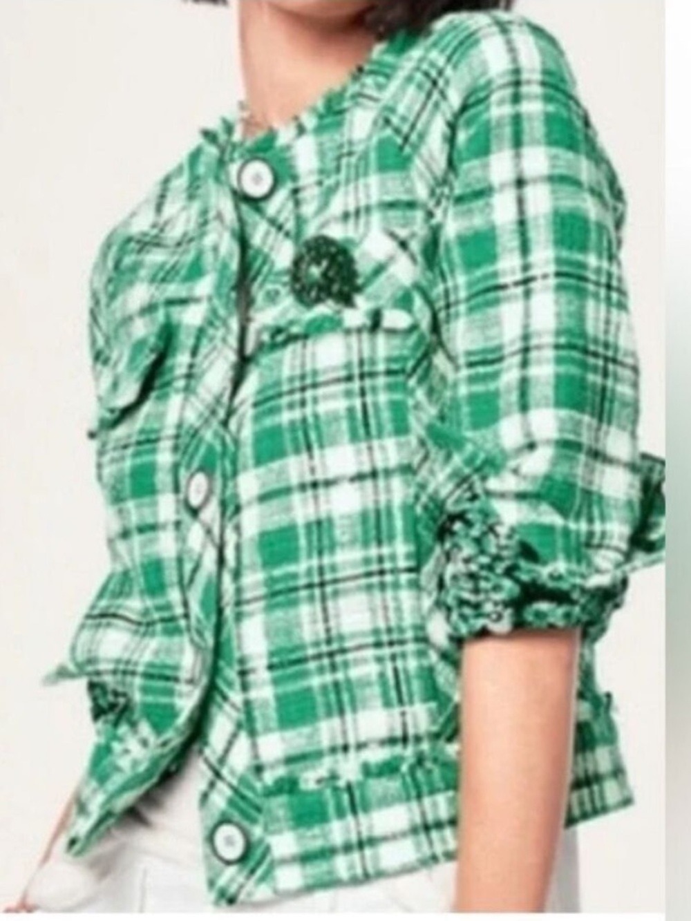 Cabi Library Jacket Green White Black Plaid  size Medium